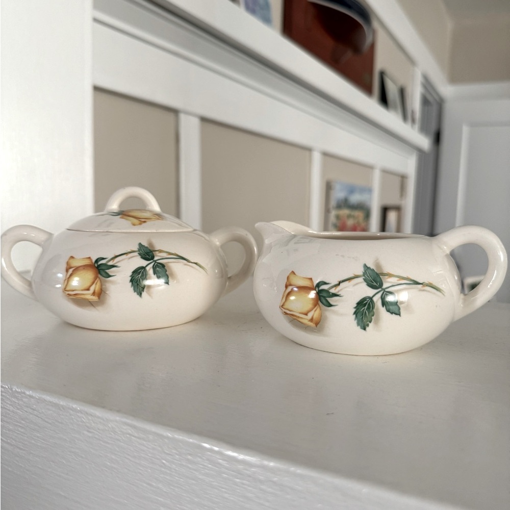 Vintage Yellow Rosebud Sugar Bowl & Creamer